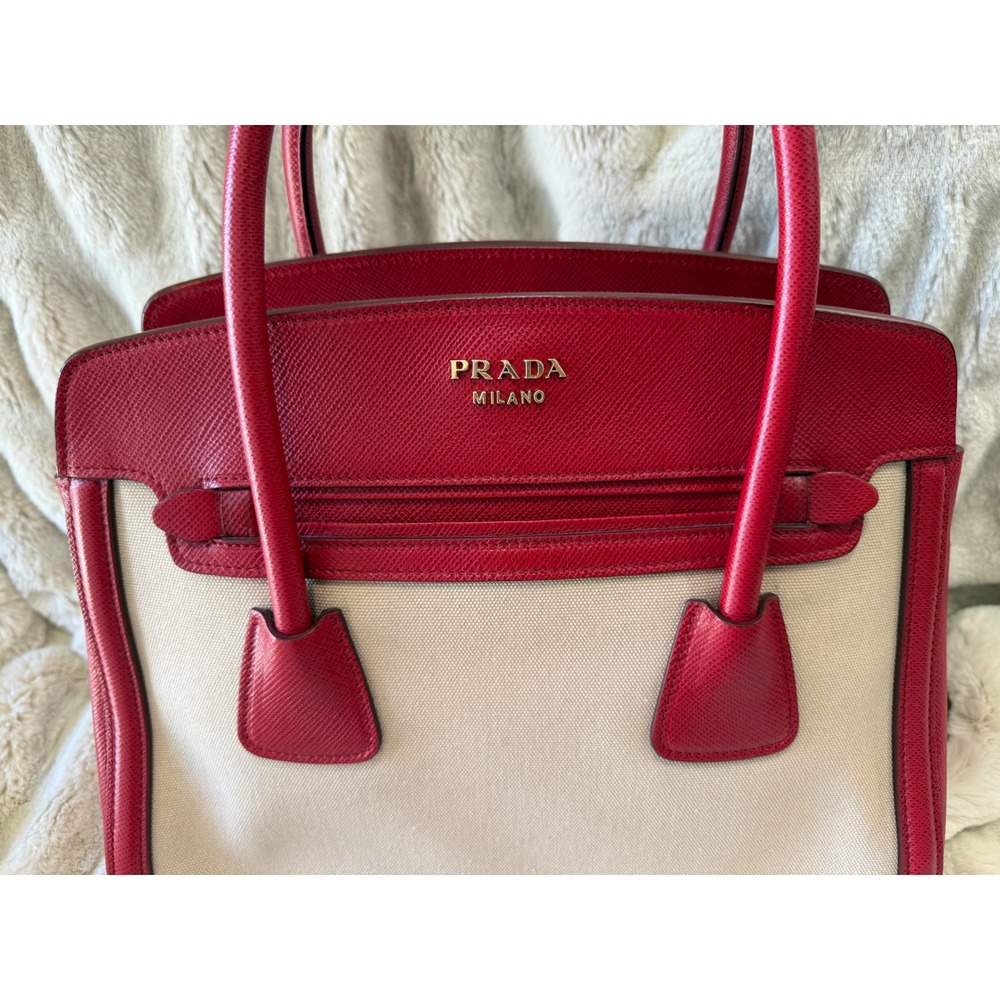 Prada Milano Red Saffiano Leather and Beige Canvas Tote Bag Handbag - Picture 2 of 15